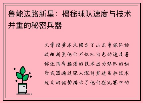 鲁能边路新星：揭秘球队速度与技术并重的秘密兵器